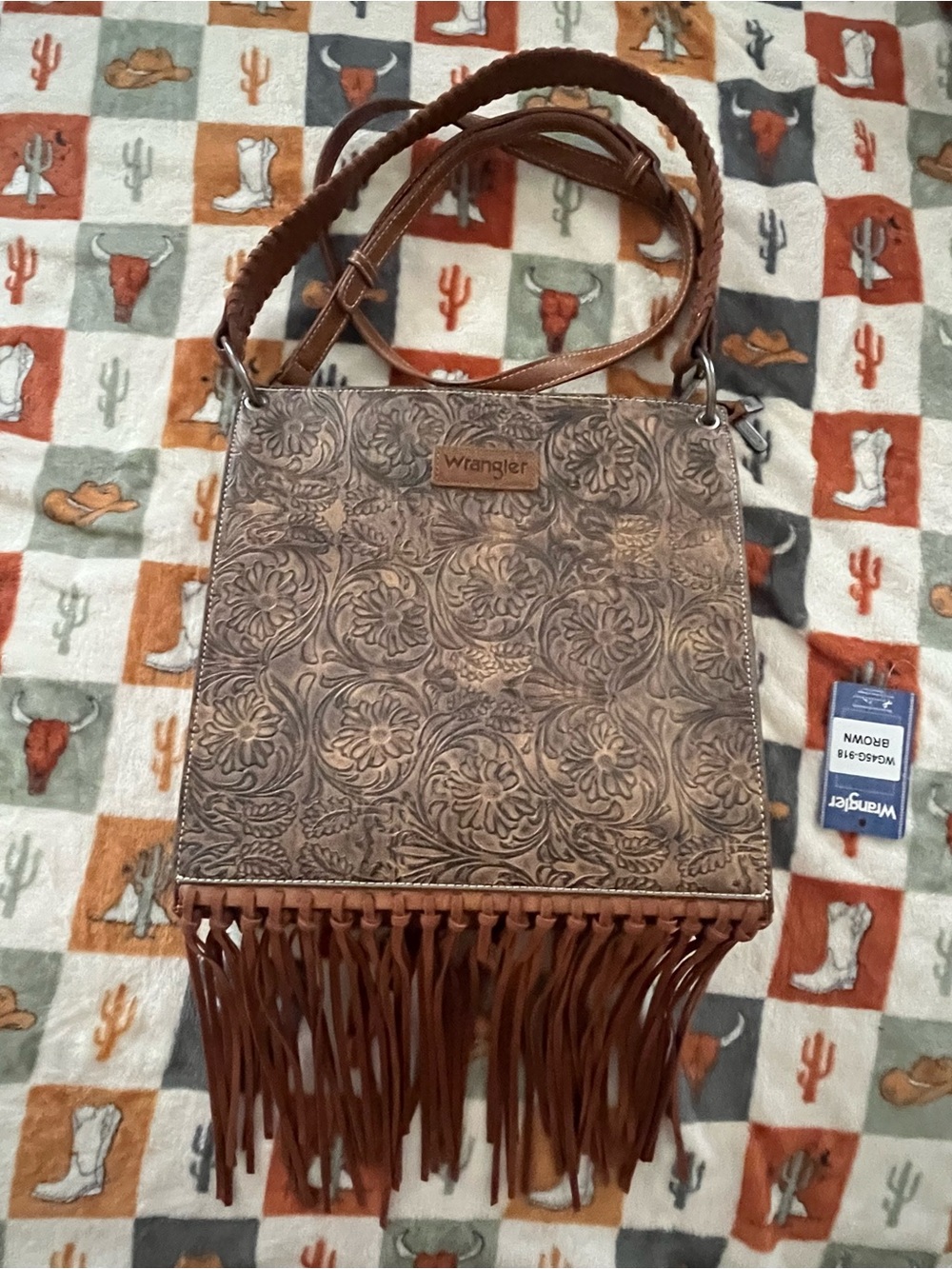Wrangler Brown Tooled Floral Fringe Crossbody - Picture 2 of 4